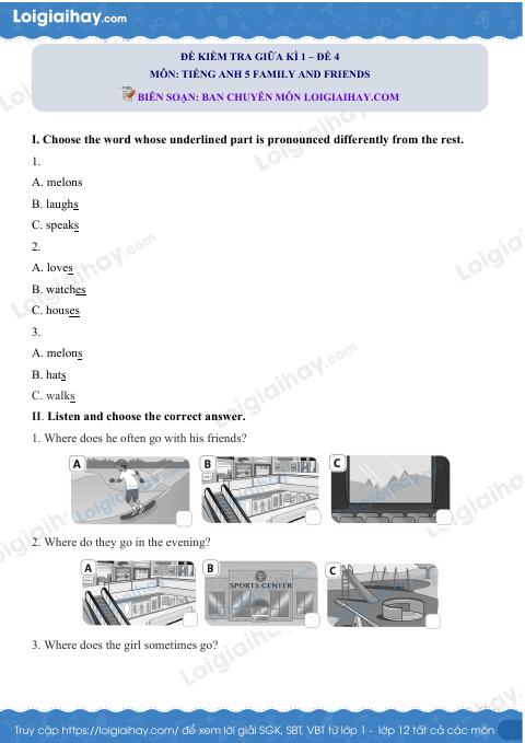 Đề thi giữa kì 1 Tiếng Anh 5 Family and Friends - Đề số 4